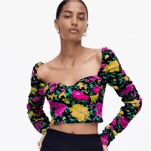 Zara Floral Crop Top Womens XS Black Ruched Sweetheart Neck Feminine Cottagecore